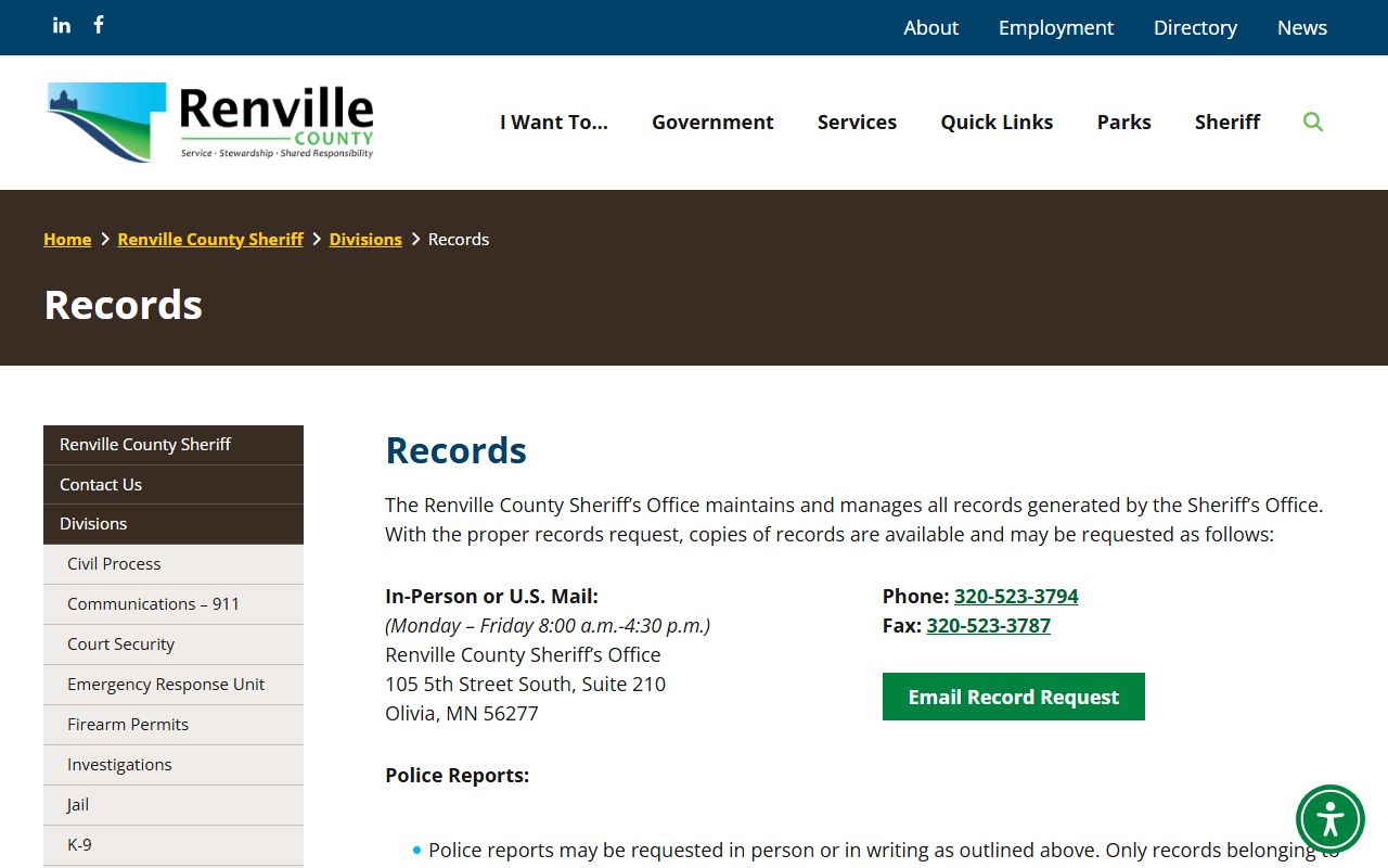 Renville County arrest records Sheriff records request page