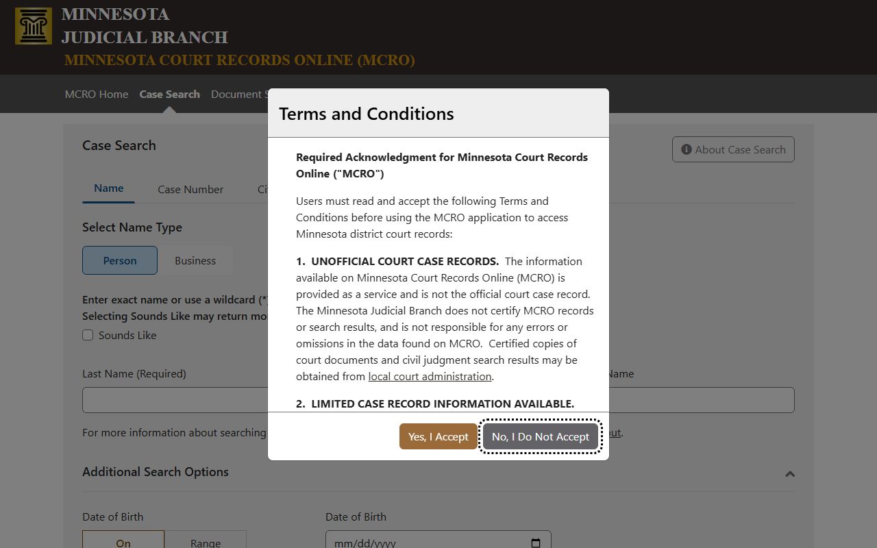 Renville County court dockets MCRO case search interface