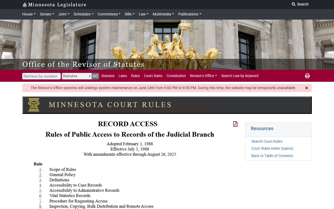 Renville County court records Minnesota public access rules table of contents