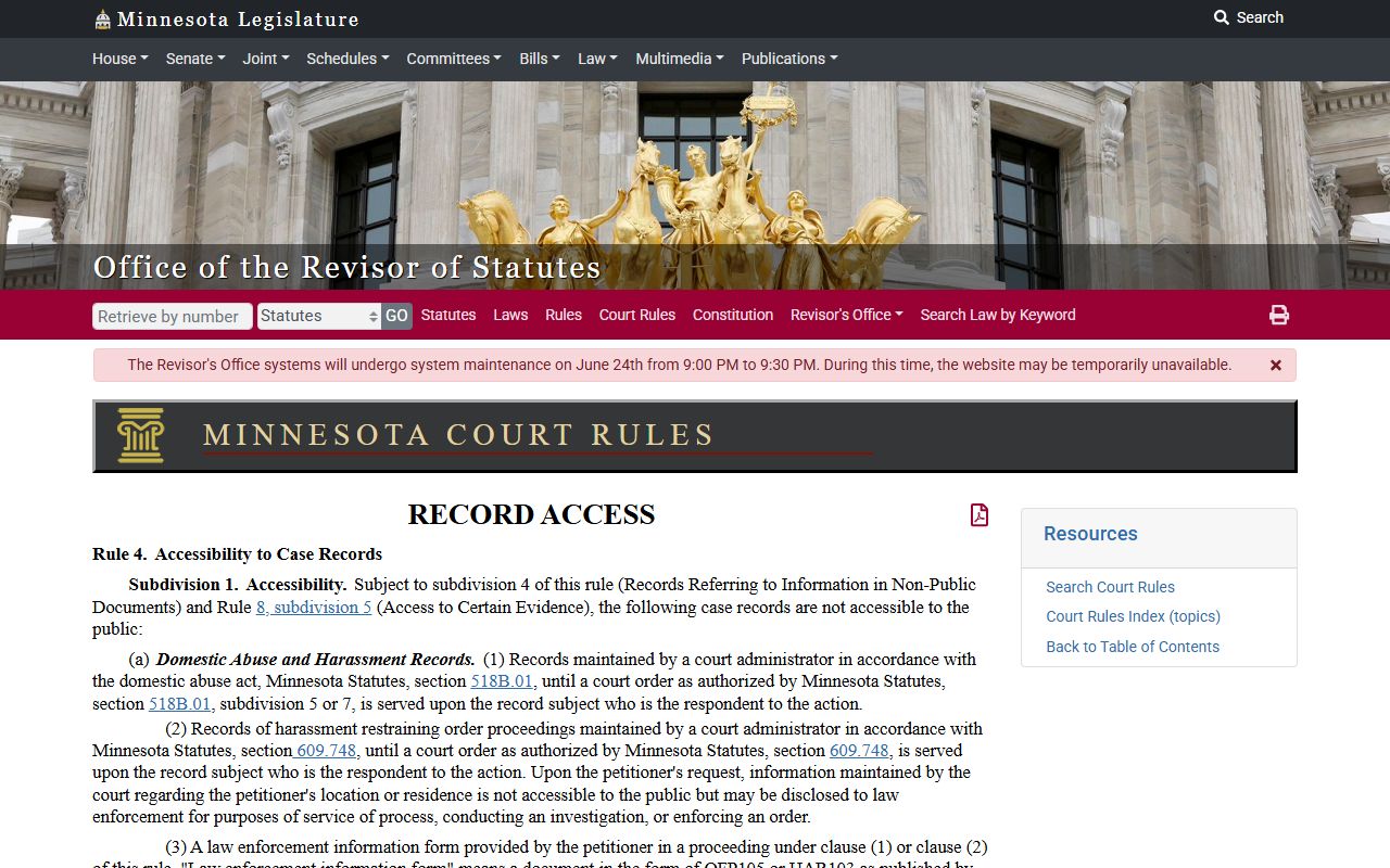 Renville County court records Minnesota Rule of Public Access 4