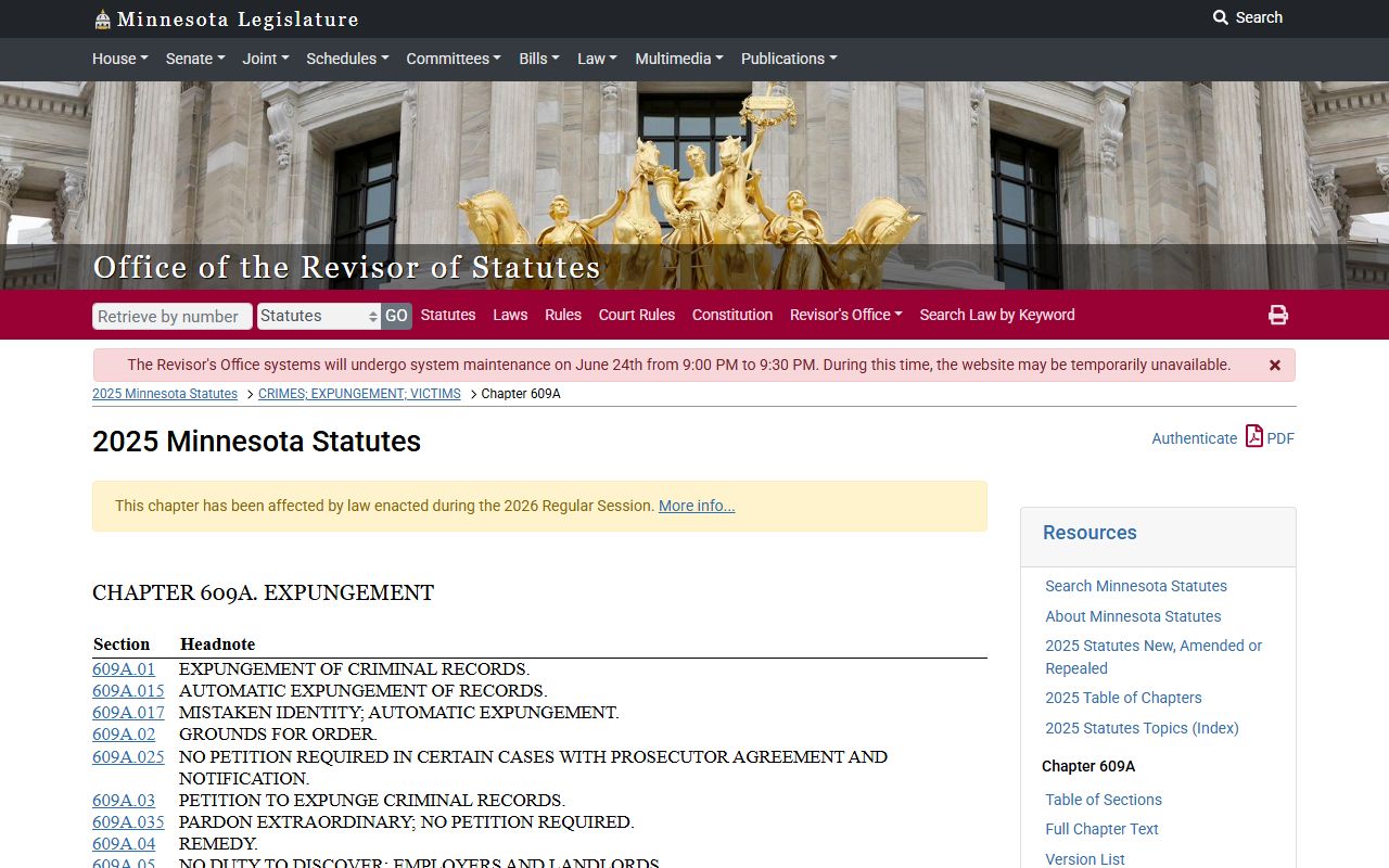 Renville County criminal court records Minnesota expungement chapter