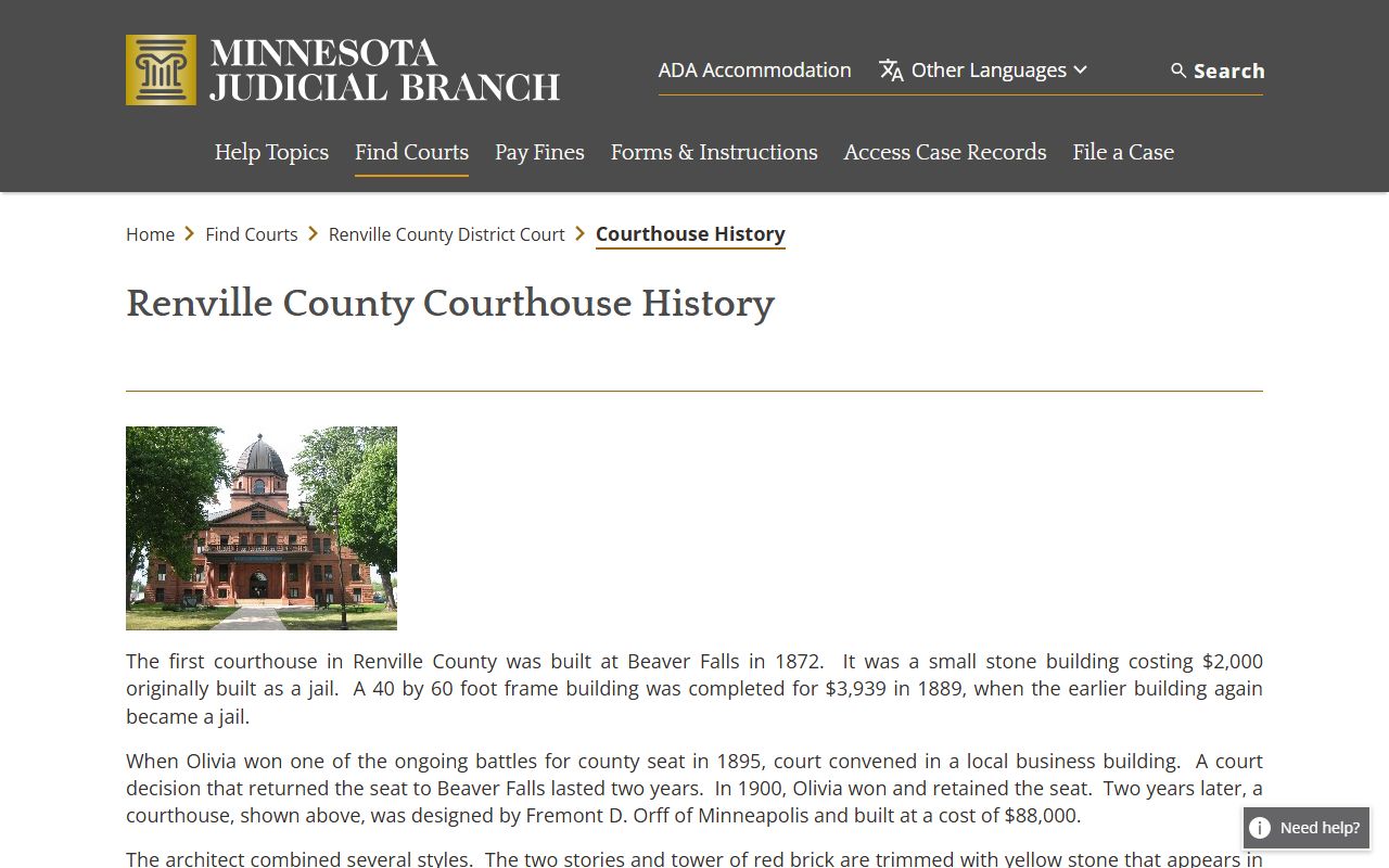 Renville County District Court courthouse history in Olivia Minnesota
