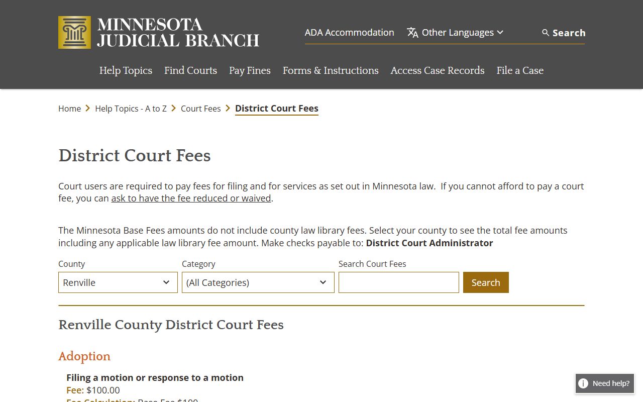 Renville County traffic court records district court fees