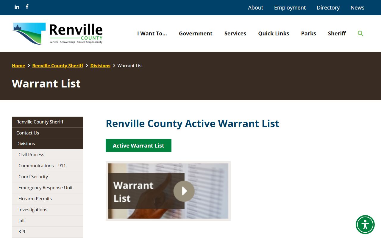 Renville County warrant search warrant list landing page